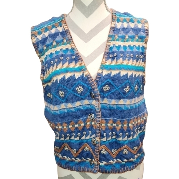 Sigrid Olsen Jackets & Blazers - Segrets Sun Prints 90s women's knitted vest blue and brown size Medium Vtg
